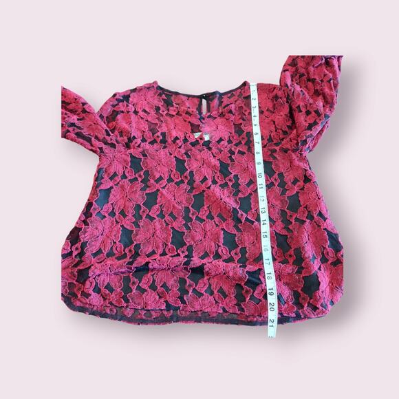 Cupcakes and Cashmere Dark Red/Black Lace Chiffon Top Bell Sleeve Layered SMALL - Picture 7 of 8